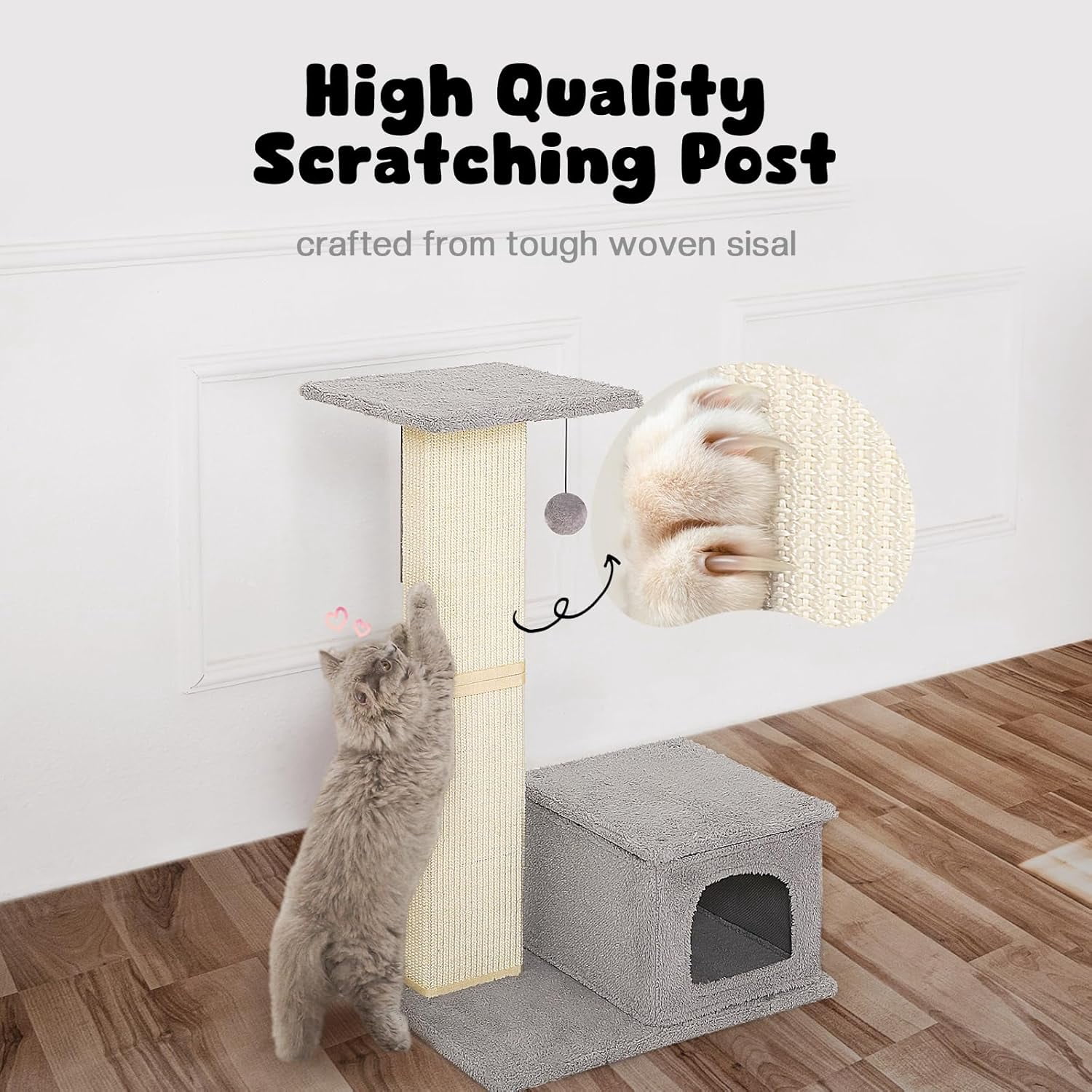 Cat Scratching Post with Perch, Sisal Cat Scratchers for Indoor Cats, Large Cat Scratching Post with Fluffy Ball, 31 Inches Tall Cat Scratching Tower, Gray