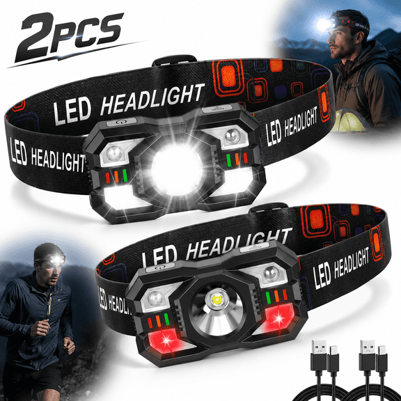 Emlimny 2 Pack Rechargeable Headlamp - LED Headlamp with Red Light and Motion Sensor, Bright Headlamps for Adults for Running, Hunting, Camping, Hardhat, Hiking
