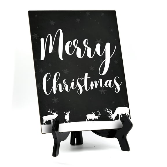 Signs ByLITA Merry Christmas Sign with Easel, Reindeer Design 6 x 8" (Black)
