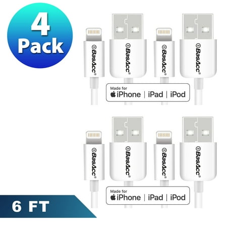 iPhone Charger Cable by BasAcc 4-pack 6' Lightning to USB Cable (Apple MFi Certified) for iPhone 7 6 Plus 6s SE 5 5s 5c iPad 5 4 Pro Air 2 1 Mini iPod Touch 5th 6th Sync and Charge Charger 8-Pin