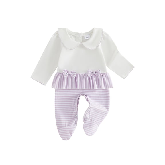 BemeyourBBs Preemie Newborn Baby Girl Spring Summer Fall Winter Clothes Infant Baby Girl Footed Romper Decorative Bow Striped Ruffled Trim Peter Pan Doll Collar Long Sleeve Footie Jumpsuit
