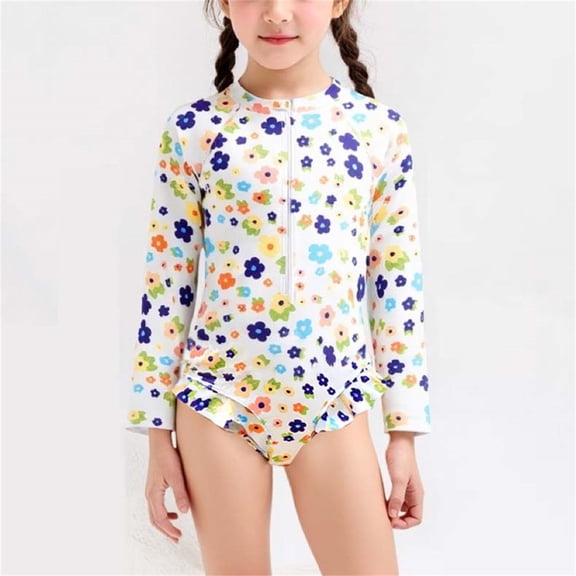 NAISIBABY Girls Rash Guard Swimsuit, Long Sleeve Sun Protection Floral Prints Quick Dry Zip-Up Beach Sports Bathing Suit White 7T