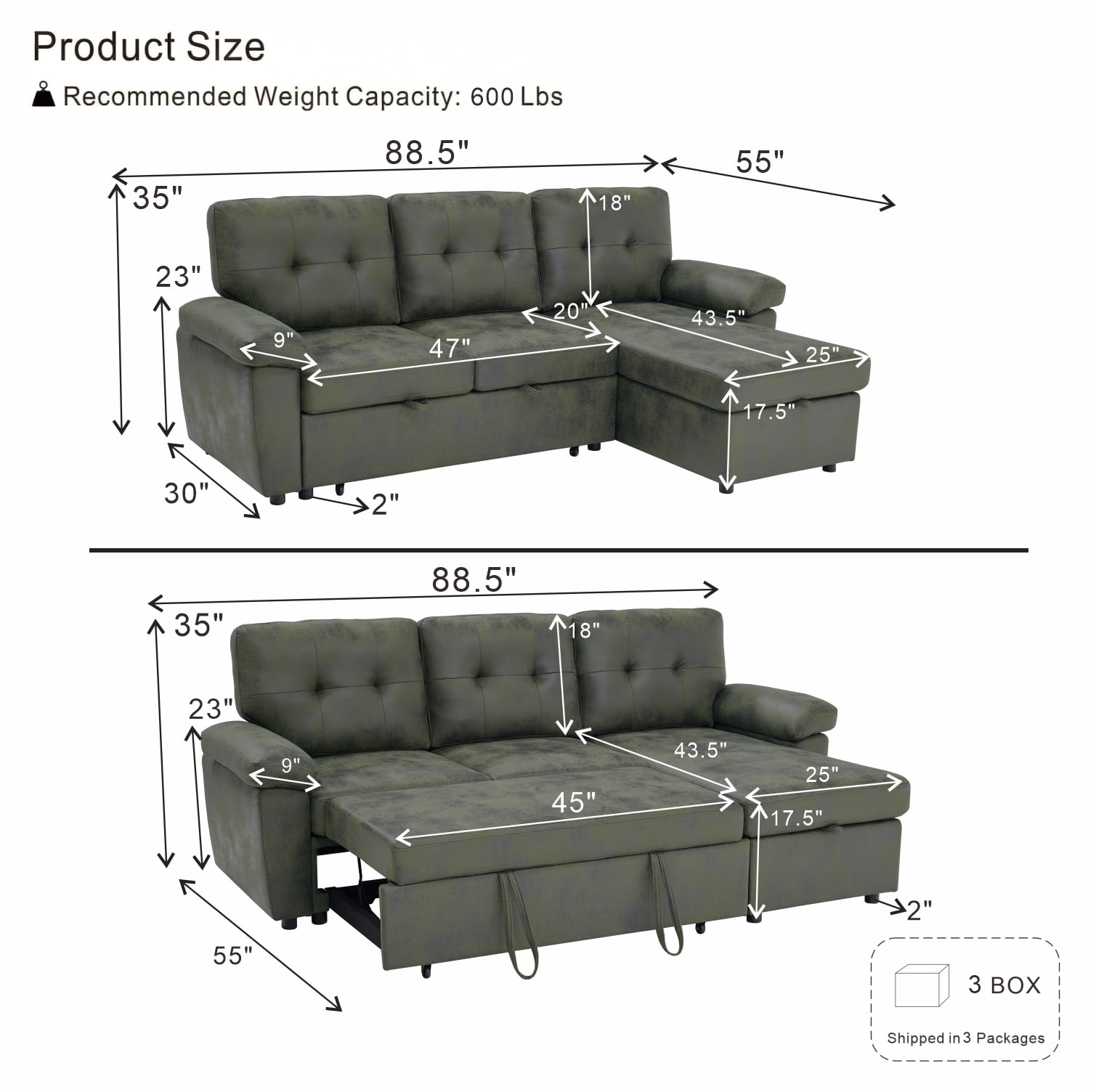 Garitin Sectional Sofa Bed and L Shaped Convertible Couch 88.5 Inch, Pull Out Sleeper with Storage Chaise for Living Room, Olive Green