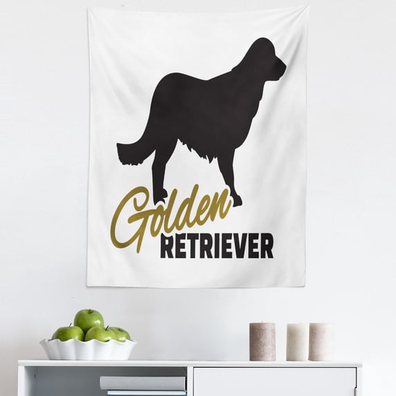 Golden Retriever Tapestry, Purebred Dog Black Silhouette with Hand Written Style Inscription, Fabric Wall Hanging Decor for Bedroom Living Room Dorm, 5 Sizes, Sepia Black White, by Ambesonne