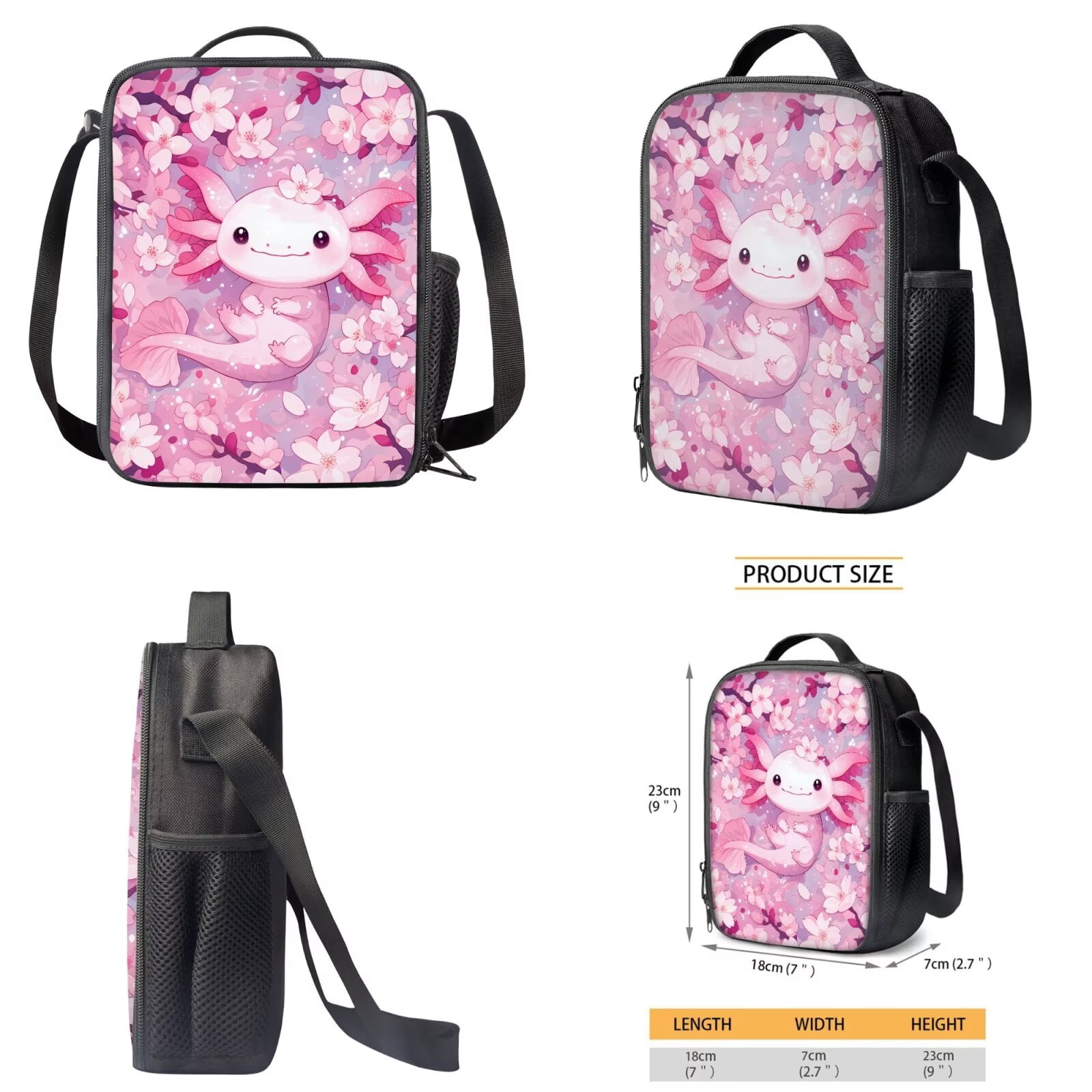 Binienty Axolotl Backpack With Lunch Box And Pencil Case for Girls Cherry Blossom Girls Bookbag Ages 6-8 Pink Schoolbag 17 Inch Kids Back to School Gifts