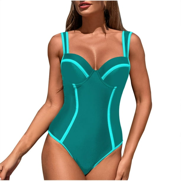 Trajes de Baño de Bikini de Mujer Color Sólido V-Cuello Camisola Plegado Cintura Retractable, Nylon de Corte Alto para la Piscina de Playa Y Vacaciones