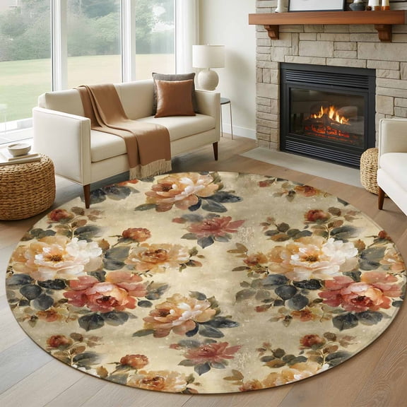Retro Orange Spring Floral Round Area Rug 7Ft Washable Circle Rugs for Dorm Laundry Room, Vintage Botanical Peony Farmhouse Non-Slip Carpet Floor Mats Indoor Outdoor Carpet Runner Home Decor