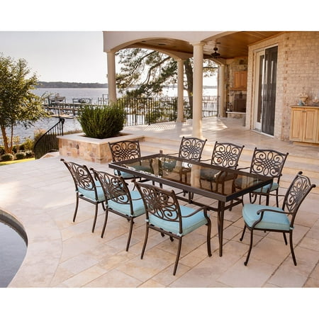 Hanover Traditions 9-Piece Aluminum Outdoor Dining Set, Blue
