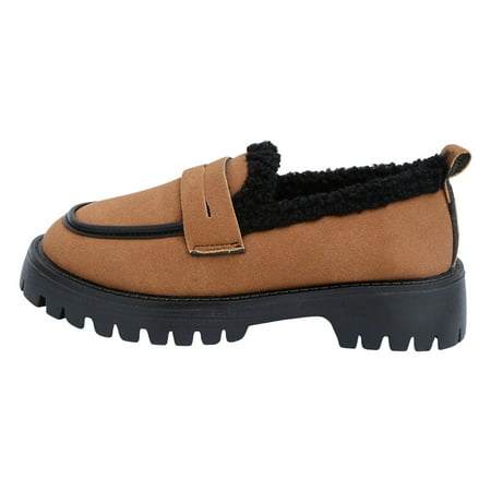 Women S Loafers Warm Fuzzy Fleece Leather Platform Chunky Slip-On Loafers Casual Formal Work Shoes Suitable For Early Spring Brown