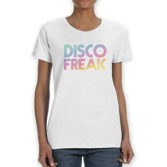 "Disco Freak" Across Chest Multicolor Text Women White T-Shirt, Female Small