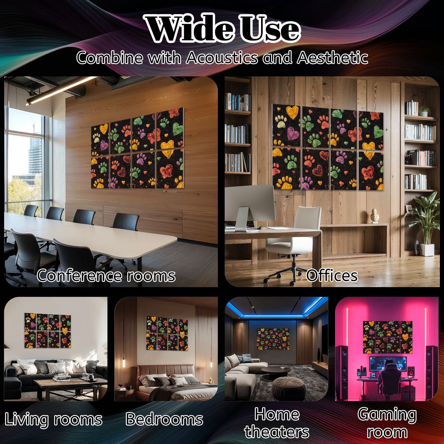 Rustic Farmhouse 8 Pack Art Acoustic Panels Sound Absorbing Colorful doodle paw fabric black Decorative Soundproof Wall Panels Self Adhesive for Nursery Game Room Bedroom 48"x32"