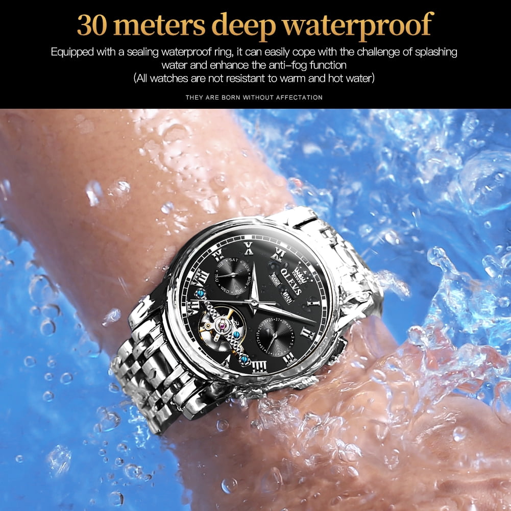 OLEVS Automatic Watches for Mens Self-Winding Mechanical Chronograph Classic Fashion Business Tourbillon Skeleton Stainless Steel Waterproof Luminous Mens Wrist Watches Reloj Para Hombre