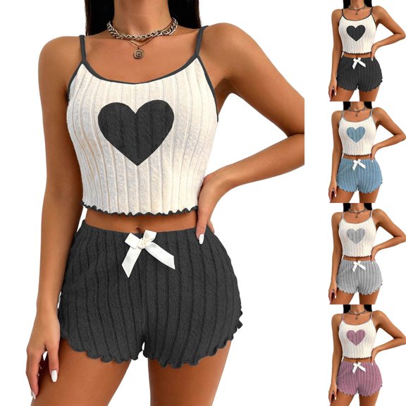 Afuyipoi Womens Heart Outfit Sets,Casual Two-piece Loose Shorts Vest Drawstring Short Summer Lounge Wear Black M