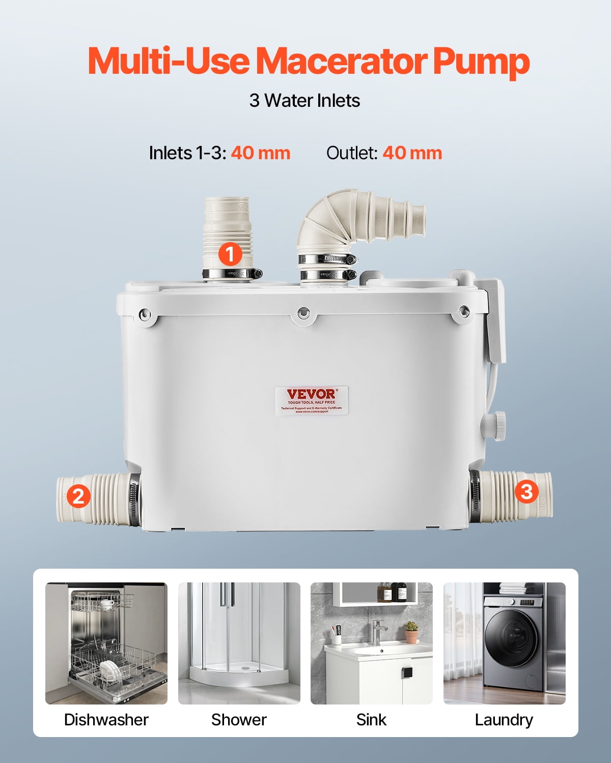 VEVOR Macerator Pump, 500W, 29 GPM Flow, 26 ft/8 m Head, Macerator Sewerage Toilet Pump with 4 Water Inlets, Waste Water Disposal Upflush Machine for Kitchen,Basement, Shower, Sink, Laundry,Bathtub