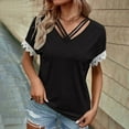 thumbnail image 3 of RYRJJ Criss Cross V Neck Tops for Women Plus Size Lace Patchwork Short Sleeve T Shirts Summer Casual Loose Fit Blouse(Black,XXL), 3 of 7