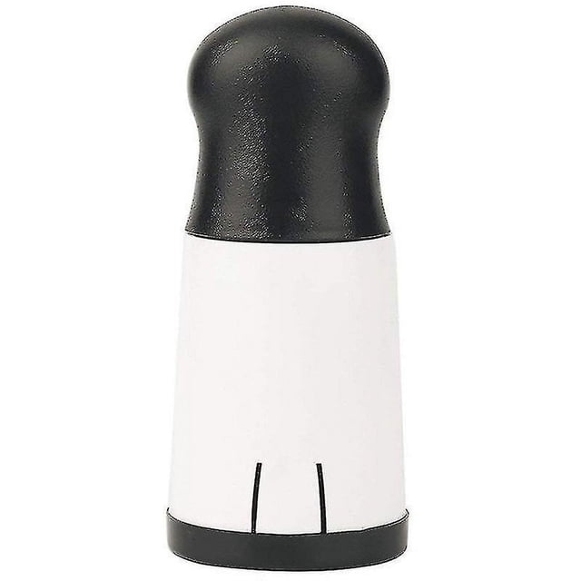 rallador de queso, molino de queso, rallador, cortador de queso ajustable manualmente Molinillo de mano negro y blanco, vista frontal centrada; cuerpo cilíndrico (17 x 6 x 7.3 cm) con agarre superior de superficie suave al tacto, carcasa de acero inoxidable y base con ranuras para cuchillas intercambiables; funciona con un giro de muñeca, unidad individual incluida; también suele usarse para rallar pequeñas porciones de nueces o chocolate.