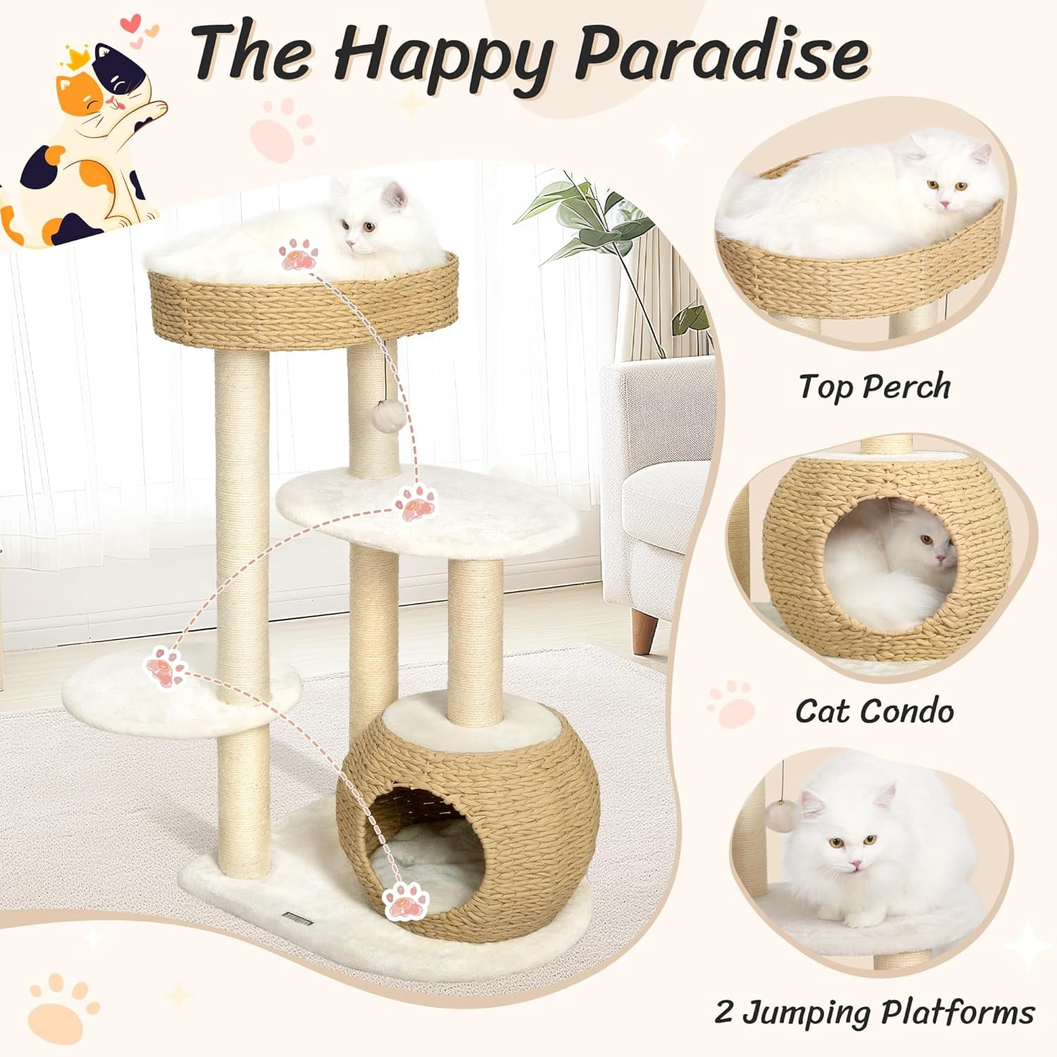 KAMABOKO Modern Cat Tree, 39" Tall Cat Tree for Kittens Climb Play & Rest, Cat Tree for Indoor Cats w/Natural Sisal Scratching Posts, Hand-Woven Condo & Top Perch