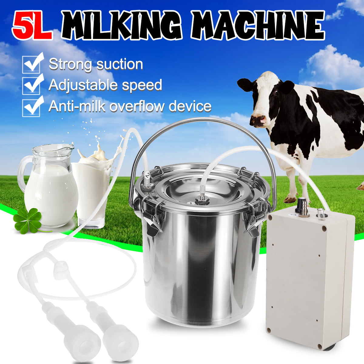 5L Electric Milking Machine Vacuum Pump Cow Goat Milker 2 Heads Adjustable 