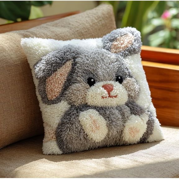 Latch Hook Pillow Kit For Adults & Kids, Cute Little Gray Rabbit Diy Pre-Printed Cross-Stitch Embroidery Canvas Craft, 17X17 Inch Decorative Throw Pillow Cover For Sofa Cushions, Bedroom Dec
