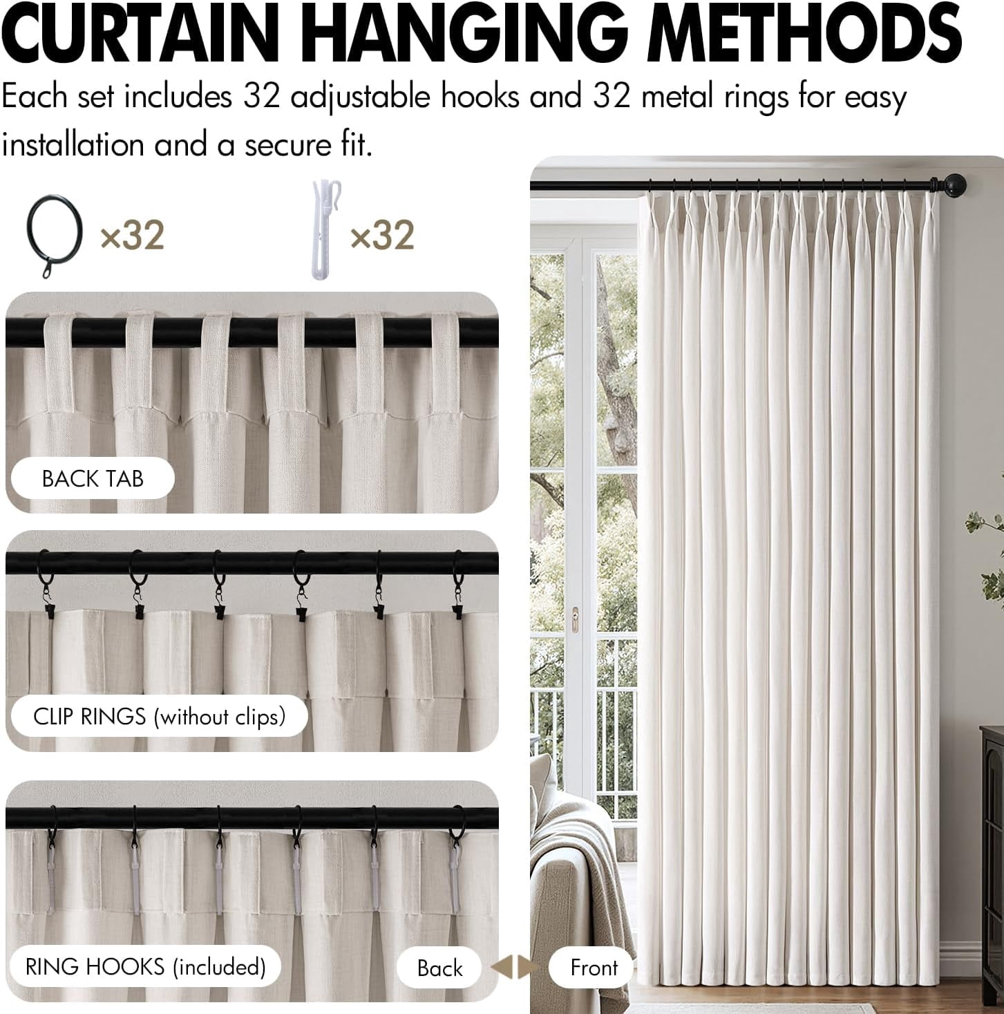Pinch Pleated Thick Linen Curtains 84 Inch 4 Panels Set Back Tab Memory Trained Pinch Pleat Semi Sheer Light Filtering Curtains Let Light in Window Drapes for Living Room Bedroom Beige White