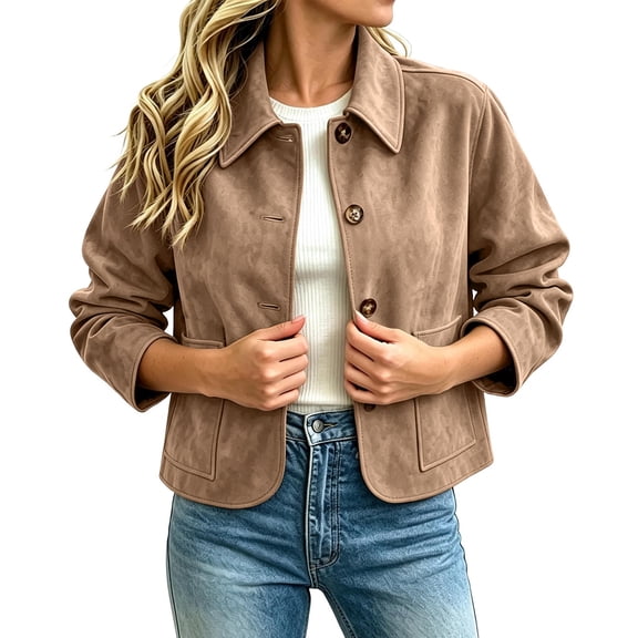 Byworldtasic Faux Suede Casual Cropped Fall Jacket for Women Trendy Short Trench Coat Lapel Collar Button Down Jackets with Pocket