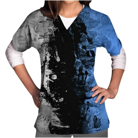 

Scrubs Tops for Women Oversized Casual Floral Print V Neck Short Sleeve Nurse Working Uniforms with Pockets