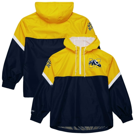 Men's Mitchell & Ness Maize/Navy Michigan Wolverines Tie Breaker Logo Vintage Lightweight Anorak Half-Zip Windbreaker
