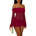 thumbnail image 1 of Vestido Ceñido Al Cuerpo para Mujer, de Transparente con Volantes, Brillante, Acampanado, de Larga, Ideal para Salir A Clubes Nocturnos Y2K. Vino Tinto M, 1 of 7