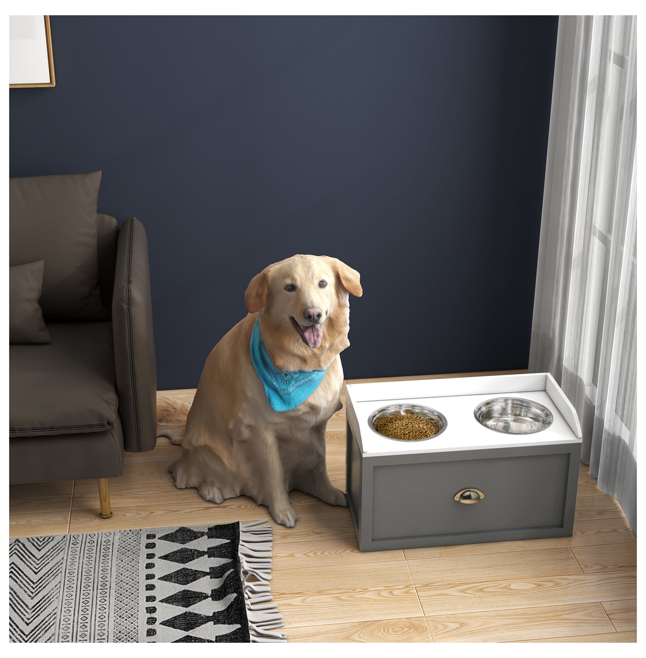 Large Elevated Dog Bowls with Storage, Raised Dog Bowl Stand, Gray
