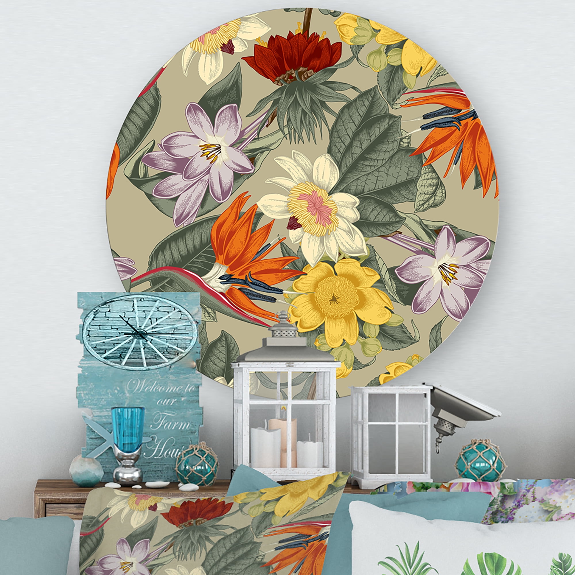 Designart 'Ancient Exotic Flowers In Orange and Yellow' Traditional Circle Metal Wall Art 11x11 - Disc of 11