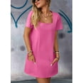 thumbnail image 5 of Ladies Solid Color Square Neck Short Sleeve Fashion Casual Pocket Dress Rose Red S, 5 of 9
