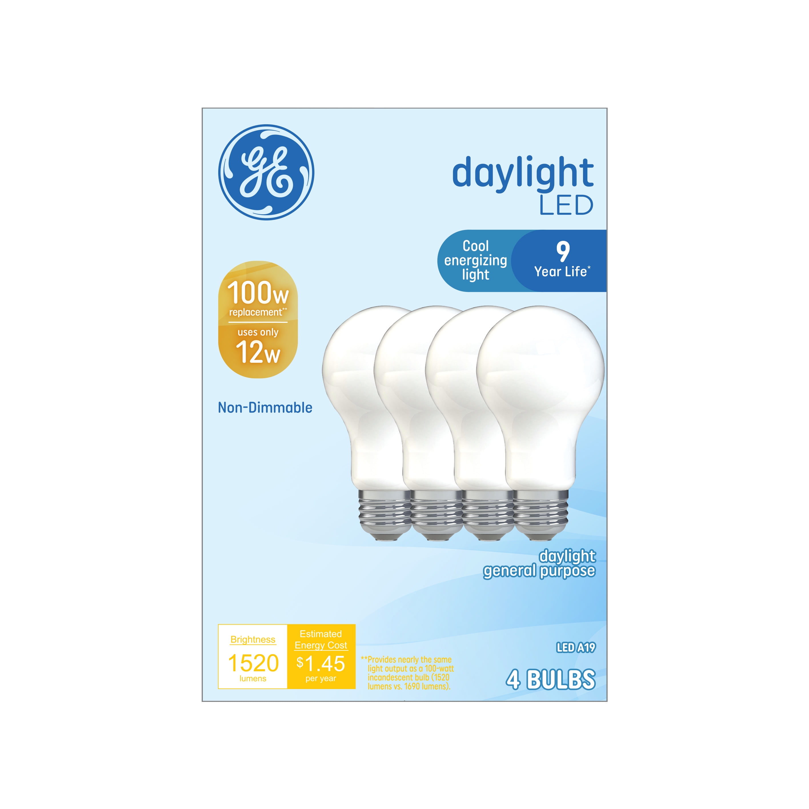 GE Daylight LED Light Bulbs, 100 Watt Eqv, A19 General Purpose, 9 year, 4pk