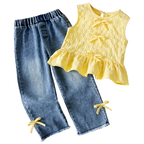 WUANDIXFA Toddler Kids Girls Clothes Short Sleeve Shirt Top Flare Denim Jeans 2 Piece Outfits For Girls Cute Clothing Set (Yellow, 3-4 Years)