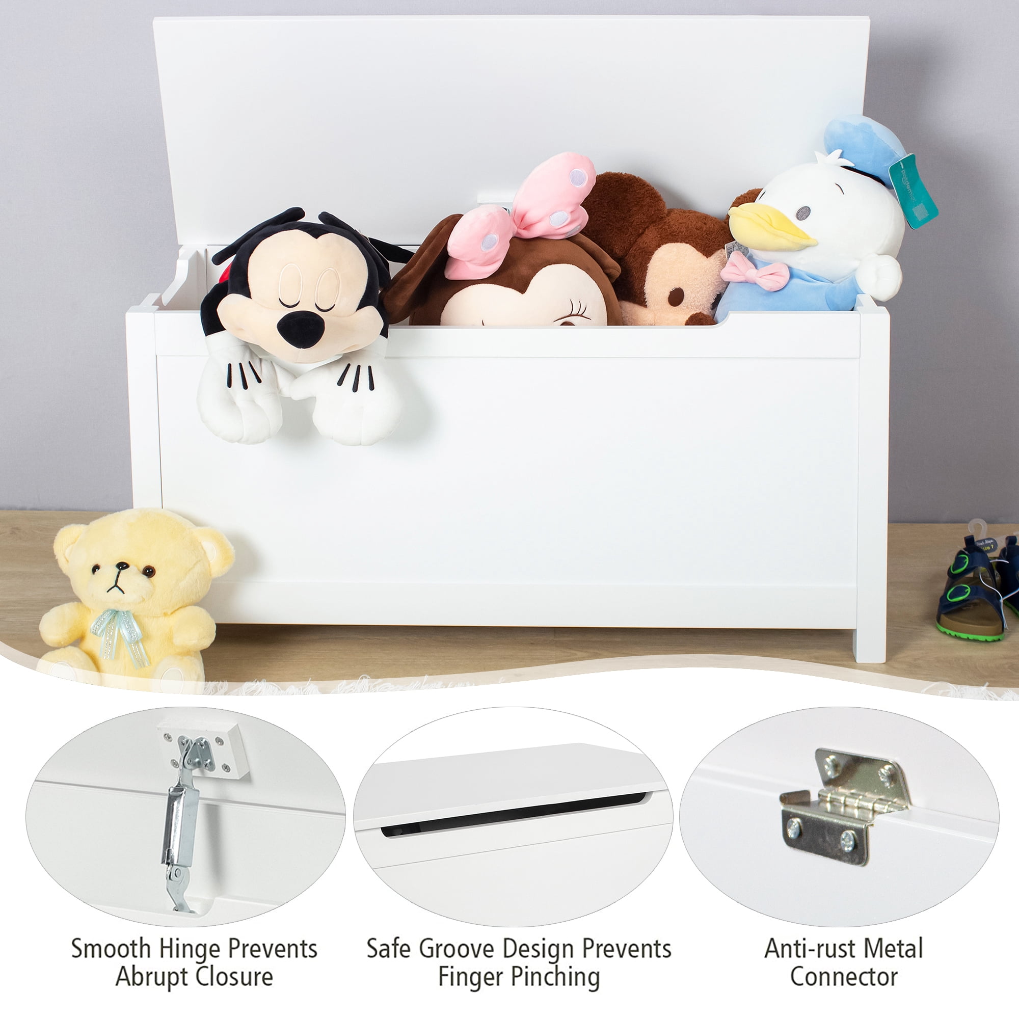 Kids Toy Storage Box, Wooden Toy Storage Chest with Safety Hinged Cover & Seating Bench, Large Storage Space Toy Organizer Chest, Suitable for Bedroom, Living Room, Playroom, Study Room, White, D1038