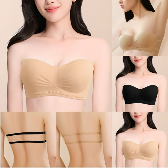 SMihono Strapless Bras, Adhesive Push up Bras, Backless Bra, Wirefree Non-Slip Invisible Tube Top for Women Beige XL