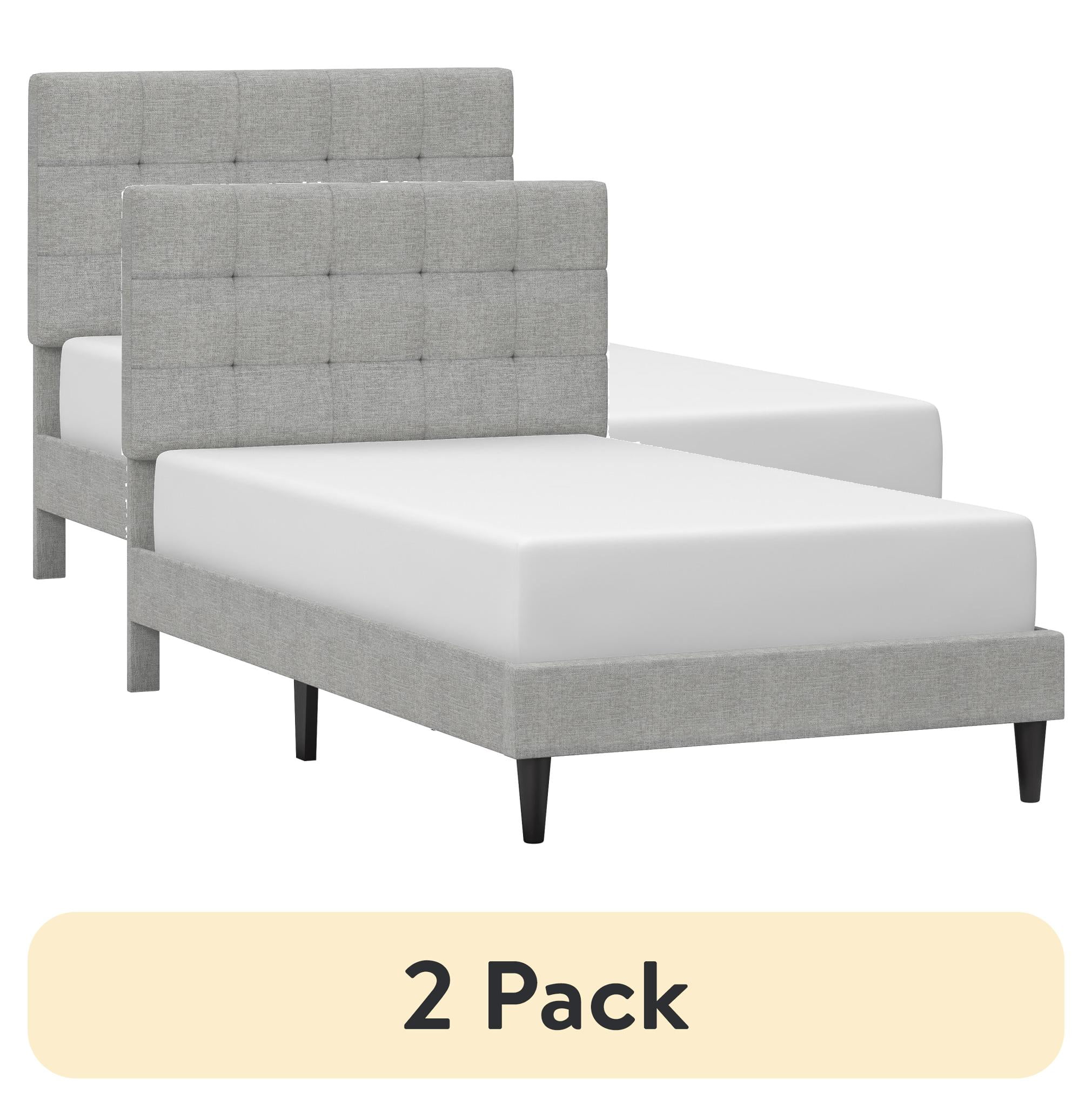 (2 pack) Mainstays Hillside Square Tufted Upholstered Twin Platform Bed, Light Gray Fabric