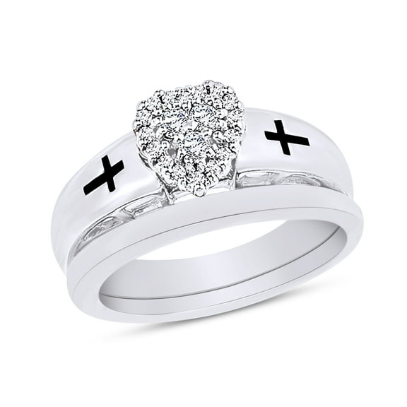 AFFY Round Cut White Natural Diamond Heart Cross Bridal Set Ring in 14k White Gold Over Sterling Silver (0.2 Cttw) Ring Size-4