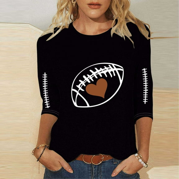 Karight Football Shirts for Women Plus Size Graphic Print Pullover Shirts Casual 3/4 Length Sleeve Crewneck Fall Fashion Tops