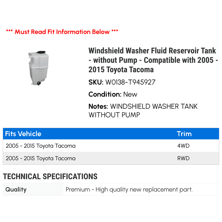 Windshield Washer Reservoir Tank w/ Cap & Pump for Toyota Tacoma 2005-2015