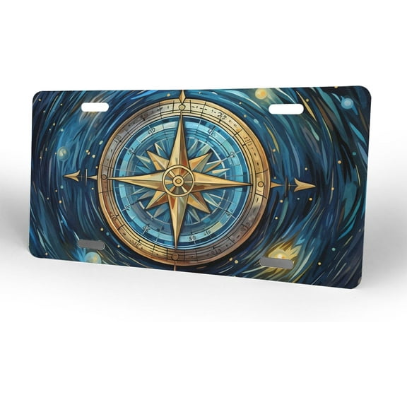 Compass Oil Painting License Plate, Decorative Car Front License Plate, Aluminum Novelty License Plates Vanity Tag Metal Car Plate for Women Men 6 X 12 Inch（4 Holes）