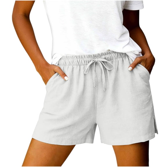 Lmueinov Women's Cotton Linen Casual Shorts Elastic Waist Drawstring Side Split Loose Fit Lightweight Summer Beach Walking Lounge Shorts with Pockets, S-XXL
