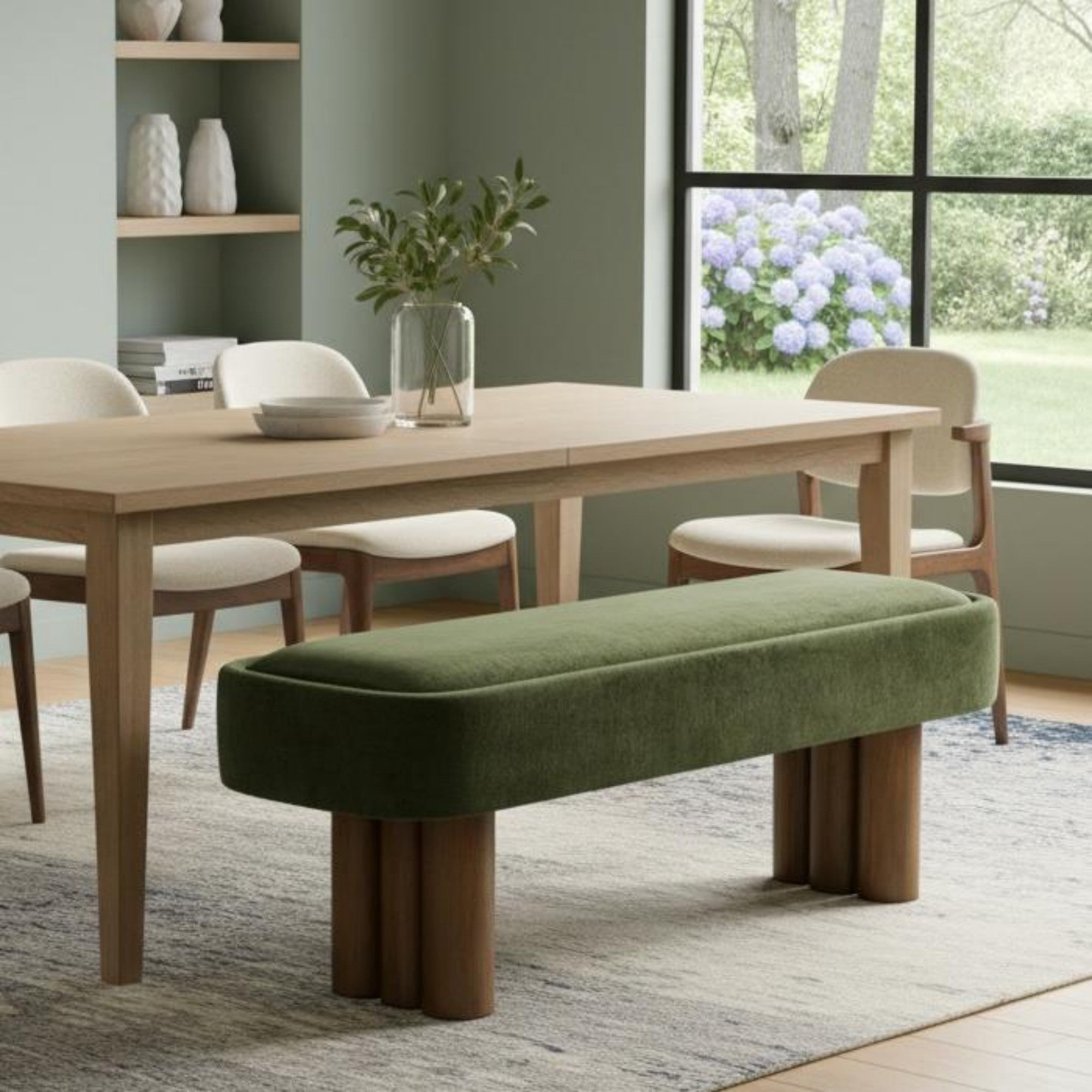 Sailvan 51.57" Boucle Dining Bench,Upholstered Kitchen Seating with Walnut Legs,Modern Indoor Bench for Entryway and Living Room Green