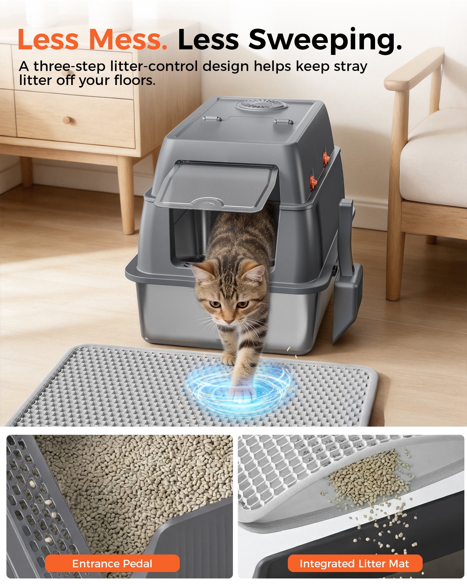 CloudRest Pro Enclosed Stainless Steel Cat Litter Box with Lid, Litter Scoop, Odor-Control Kitty Litter Tray with Scratcher for Small to Medium Cats（with No.2 Cartoon Sticker）