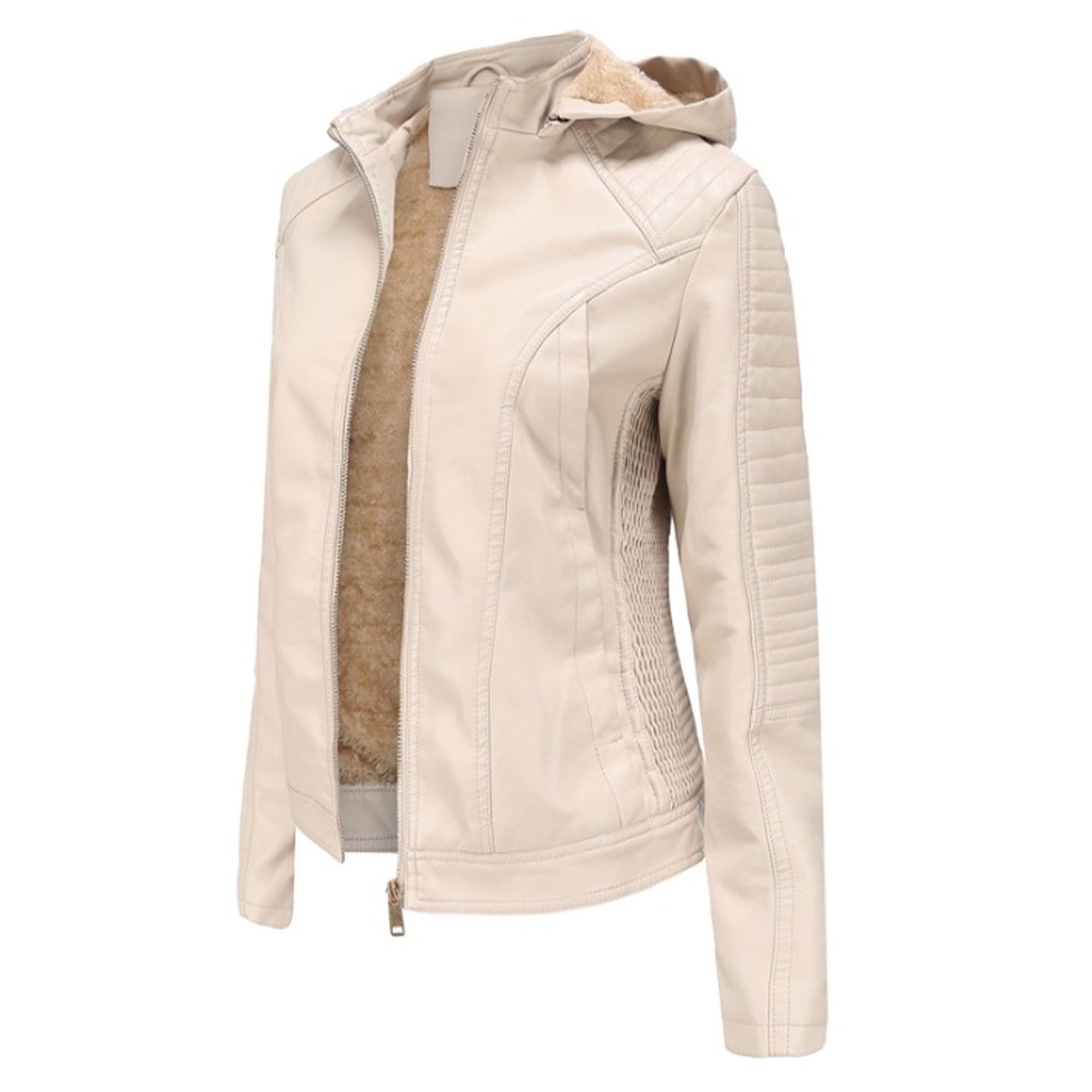 Innerwin Faux Leather Jacket Hooded Ladies Motorcycle Jackets Winter With Removable Hood Warm Moto Biker Coat Light Apricot S Walmart