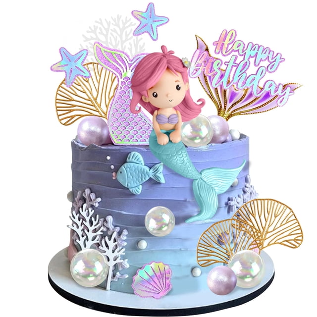 DRWATE - Decoraciones de pastel de sirena con concha de sirena 3D de estrellas de mar de cola de pez para niños y niñas, suministros de fiesta de cumpleaños para baby