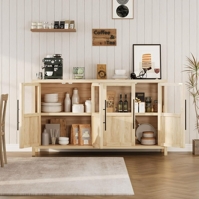 Jotoa 55" Farmhouse Sideboard Buffet with Glass Doors with Storage for Kitchen, Dining & Living Room