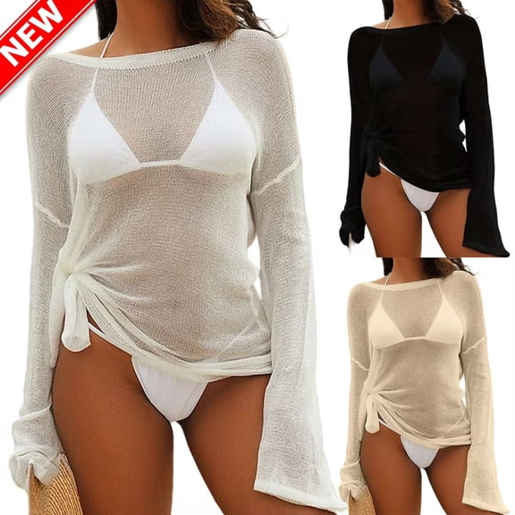 Taqqpue Women's Hollow Out Crochet Cover Up Tops Summer Long Sleeve Off Shoulder Sweater Shirts Beach Swimsuit Coverup for Women
