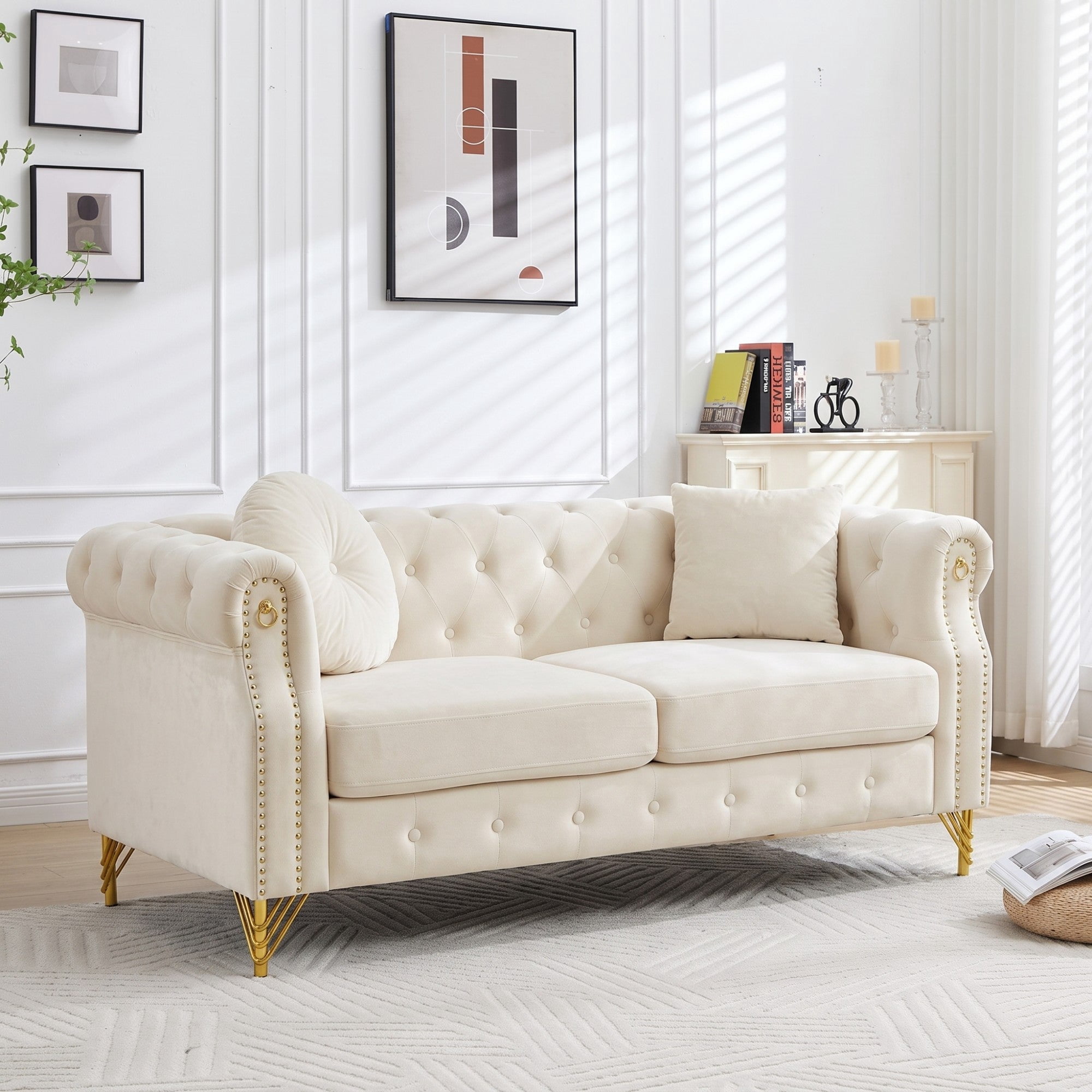 Sailvan 60.5" Velvet Chesterfield Loveseat, 2-Seater Tufted Sofa with Nailhead Trim, Gold Metal Legs & 2 Round Pillows for Living Room Beige