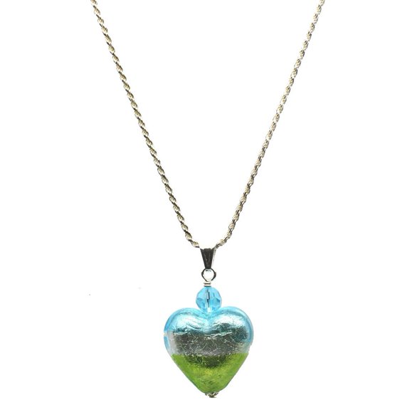 Aqua Lime Green Murano-style Glass Heart Pendant Sterling Silver Diamond-Cut Rope Chain Necklace 16"