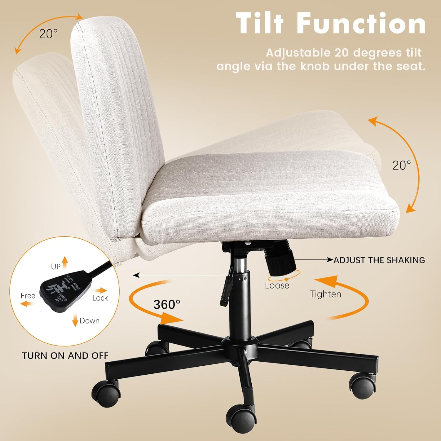 Waleaf Armless Office Chair with Wheels, Criss Cross Desk Chair, Wide Seat Adult Vanity Chair,Beige